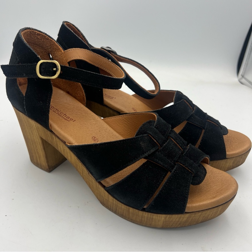 ERIC MICHAEL SAVY Black Sandals Suede Leather Ankle Strap Buckle Size EU40 NEW